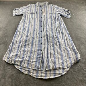 Intro Womens Blue White Striped Button Front Shirt Dress Roll Tab Sleeve Large